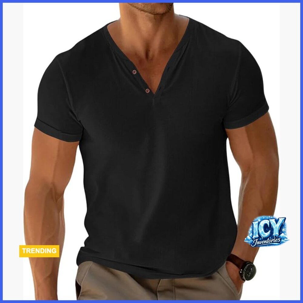 Men's V-Neck Button Henley T-Shirt Short Sleeve Slim Fit